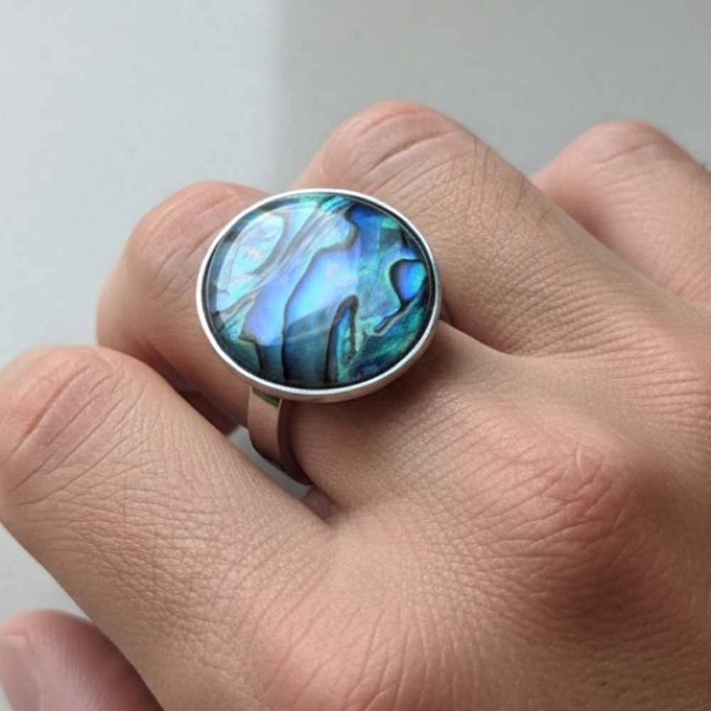 NEW MEN’S Abalone Statement Ring Silver Boho Iridescent Shell Jewelry GIFT him